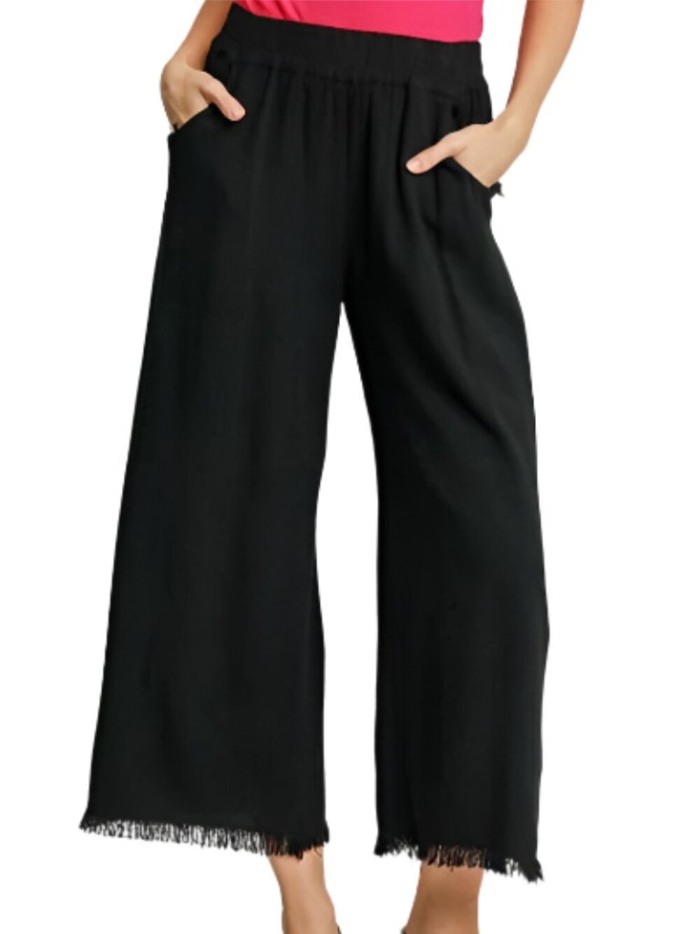 Size XL Black Linen Blend Elastic Waistband Wide Leg Pants